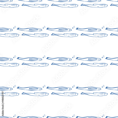Seamless vector pattern with blue fish forming horizontal stripes on white background in playful hand drawn marine style