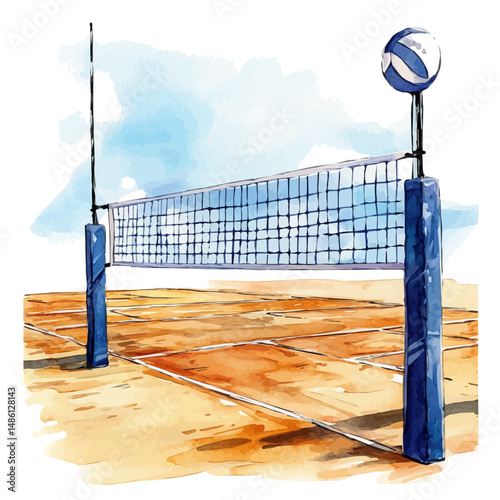 Volleyball Court Set Up For A Tournament, watercolor illustration vector, high quality, isolated on a white background.