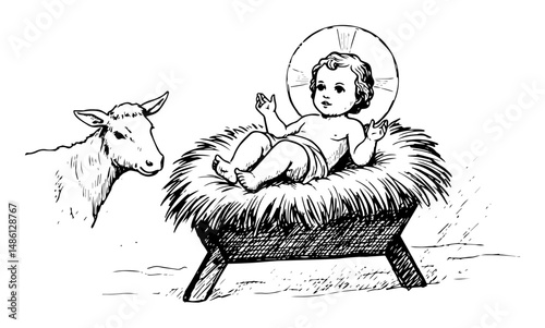 nativity scene with baby jesus in manger and lamb
