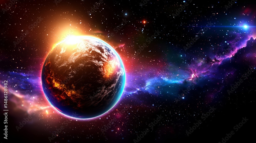 Obraz premium Colorful planet is floating in space with a bright sun in the background. The planet is surrounded by a colorful galaxy, and the stars are scattered throughout the scene