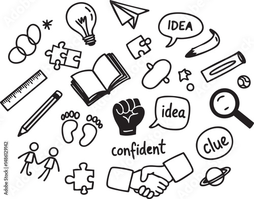 Hand drawn education and creativity doodles, idea and confidence icons, business teamwork sketches, perfect for learning resources, motivational designs, brainstorming visuals