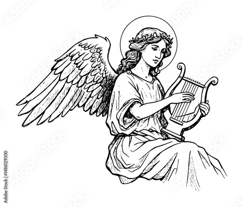 graceful angel in robe with lyre and floral crown