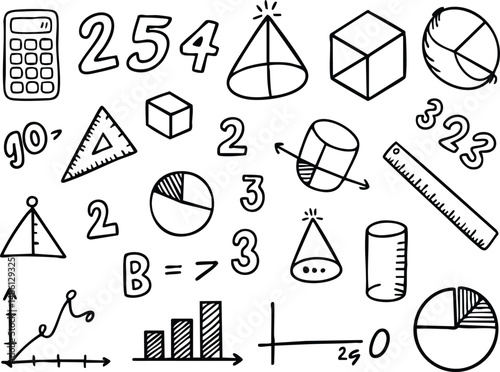 Hand drawn math and geometry doodles, educational sketches of shapes, graphs, and numbers, ideal for school materials, STEM illustrations, classroom posters, learning resources