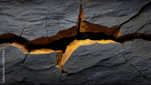 A dramatically cracked grey stone surface reveals glowing orange light from deep within, creating a textured and captivating geological pattern, close up view.