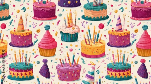 Birthday cake pattern with cupcakes and party hats