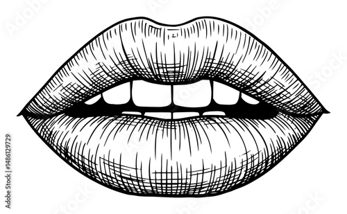 biting lips with teeth visible in vintage sketch style