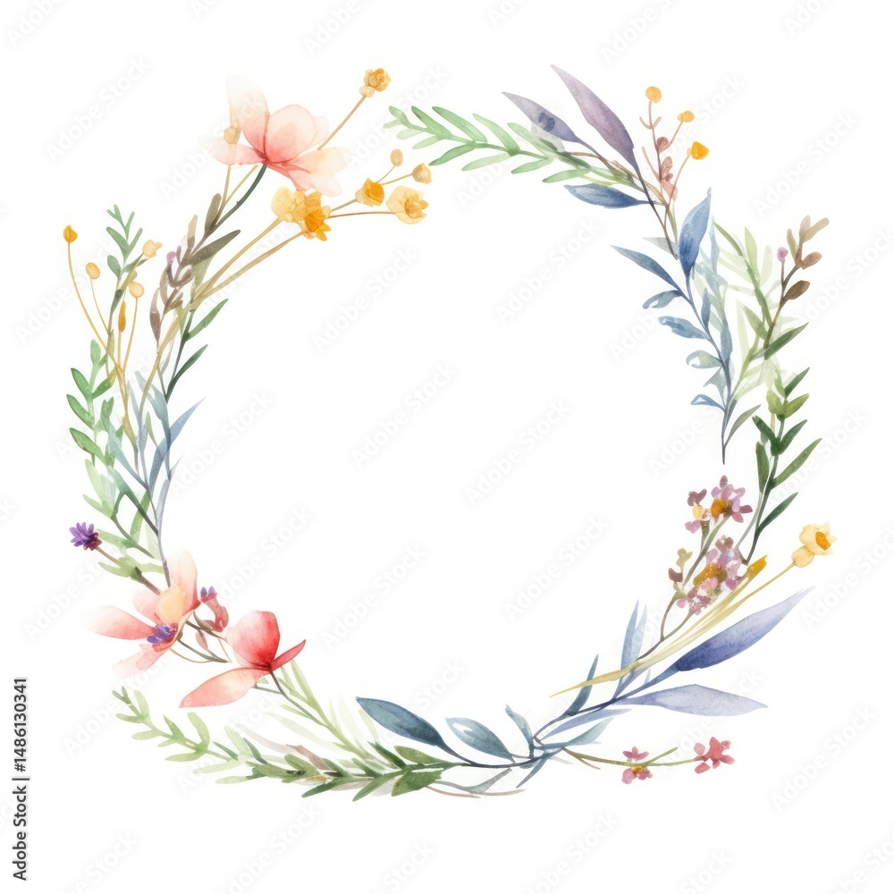 Obraz premium Wildflower wreath border pattern plant white background.