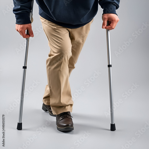 Man on crutches on a gray background. Close-up a elderly man walking with crutches.