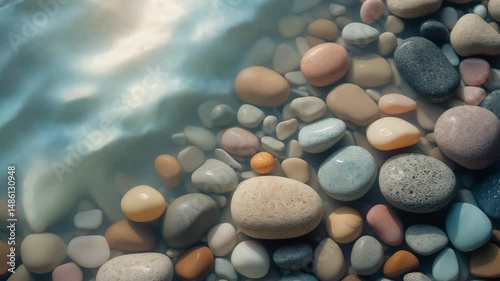 Aerial view of the stones in the water and the reflections.