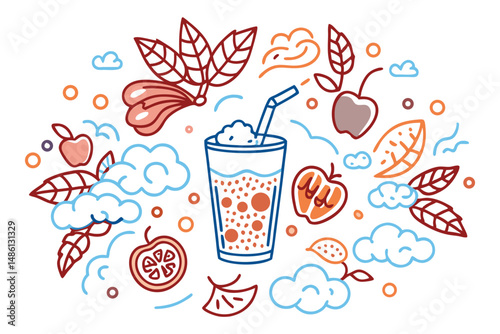 Blended smoothie with fruity cloud forms emerging in a splash, decorated with fruits