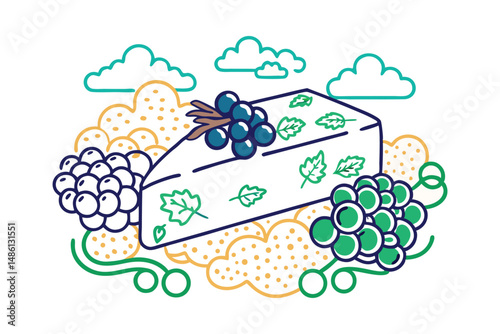 Cheese wedges and grapes stylized with soft, cloud-shaped cutouts and puffed outlines