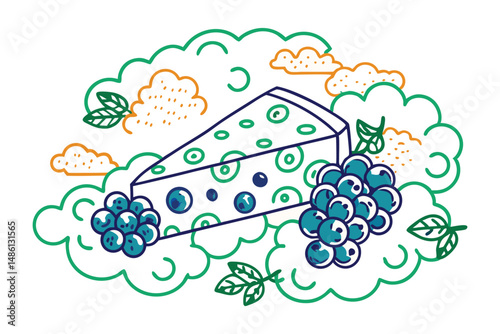 Cheese wedges and grapes stylized with soft, cloud-shaped cutouts and puffed outlines