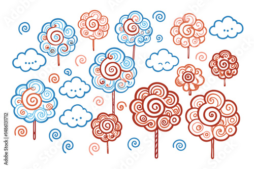 Cotton candy rendered as cloud-puff swirls on sticks floating like balloons