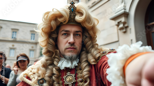 A marquis in a Renaissance wig takes a selfie.