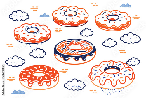 Donuts with icing shaped like clouds, floating in a sky-like layout
