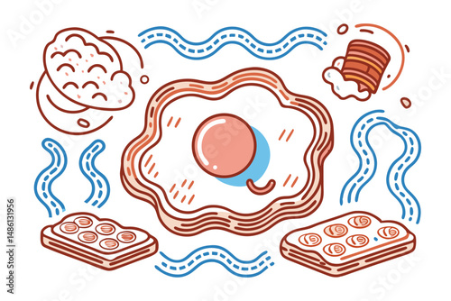 Fried egg with a cloud-shaped yolk, rounded toast edges, and soft bacon curls in a flat lay