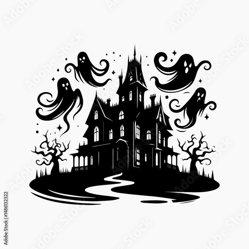 Gothic haunted castle silhouette vector art with spectral ghosts under full moonlight Halloween design