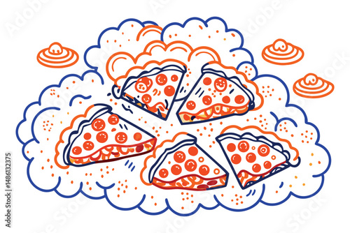 Pizza slices with extra round, pillowy crusts and bubbly cheese puffs forming cloud shapes