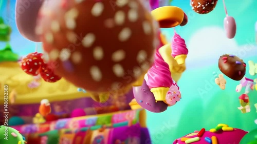 Vibrant fast food frenzy: colorful cartoon burgers, donuts, and candy in a whimsical candyland