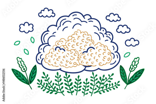 Puffed rice, quinoa, and grains rendered as cloud-dot clusters forming a soft-textured field