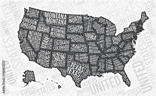 United States states map word cloud. Black and white region names map design. Elegant vector illustration.