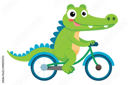 Animated green crocodile joyfully pedals a blue bicycle forward on a white background