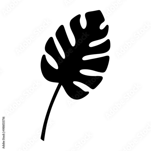 A striking black silhouette of a Monstera deliciosa leaf on a white background
