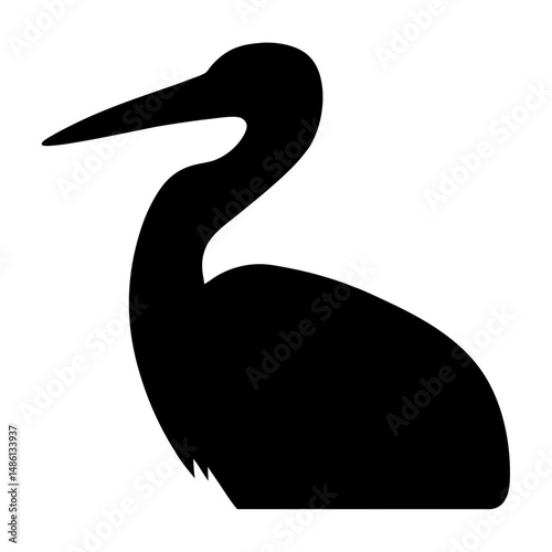 A minimalist black silhouette of a heron or egret against white background