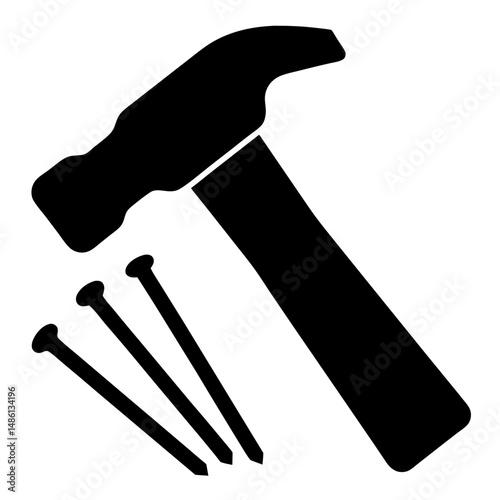 Simple black and white illustration of a hammer with nails on white