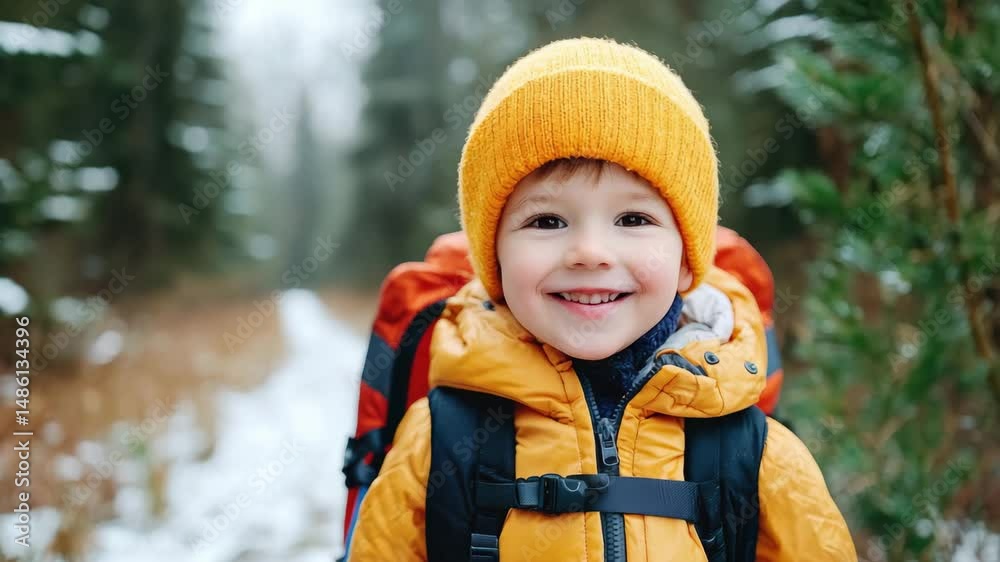 Happy Child Wearing Yellow Beanie and Orange Jacket in Nature Trail Happy Child Wearing Yellow Beanie and Orange Jacket in Nature Trail