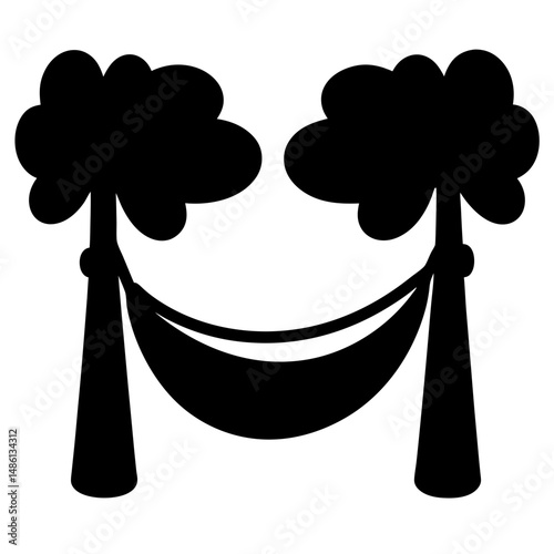 Black and white cartoon image of a hammock slung between two trees