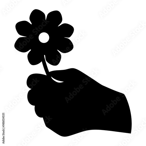 Silhouette of a hand delicately offering a single flower blossom for you
