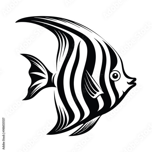 Minimalist Black And White Angelfish Illustration, Tropical Fish Drawing, Sea Life Icon