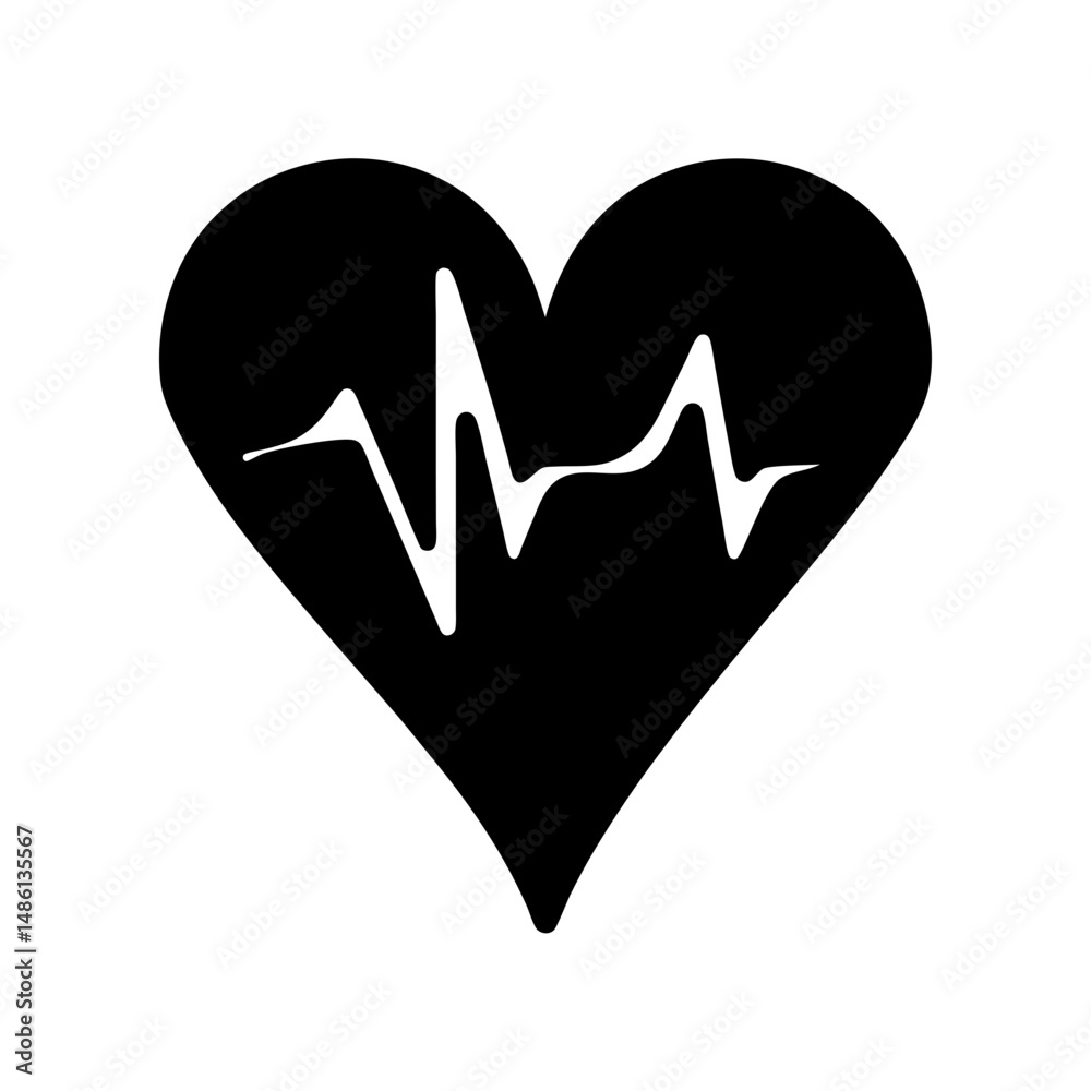 Minimalist vector illustration of a black heart symbol with heartbeat line Minimalist vector illustration of a black heart symbol with heartbeat line