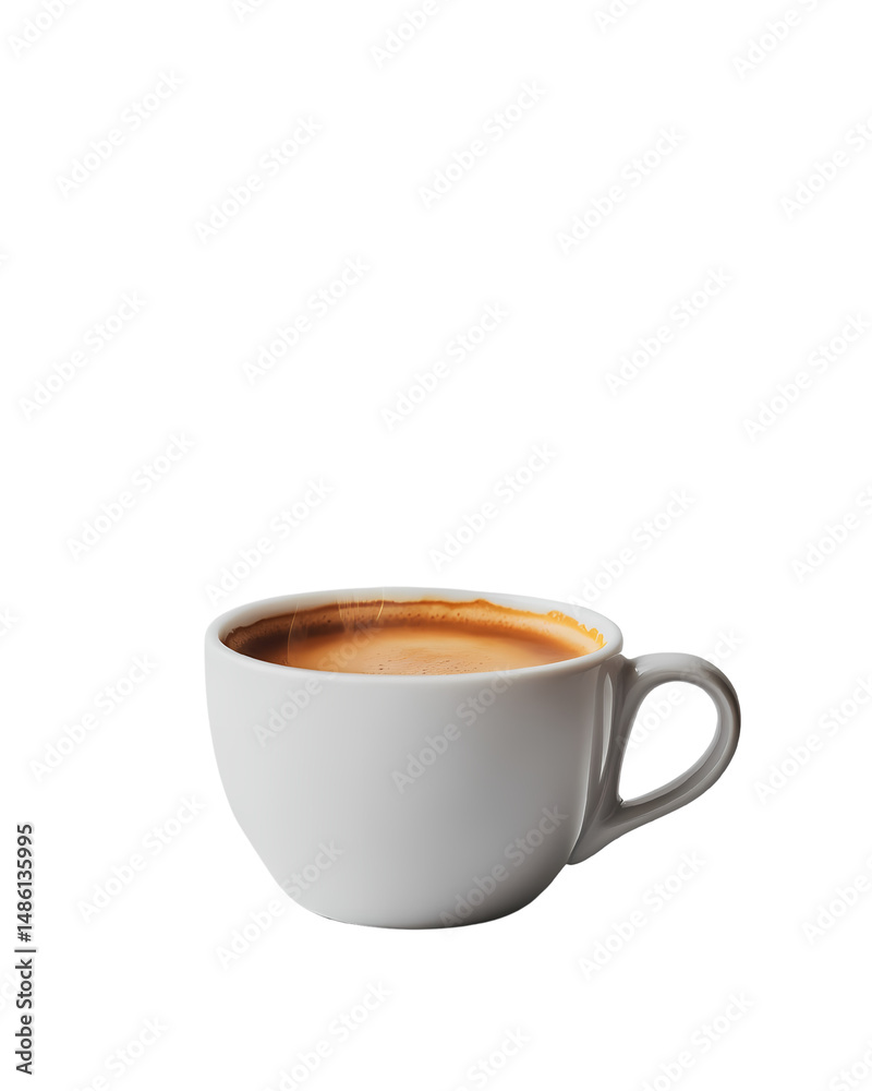 Fototapeta premium A steaming cup of coffee in a minimalist white mug, ready to energize your day with rich flavor and aroma.