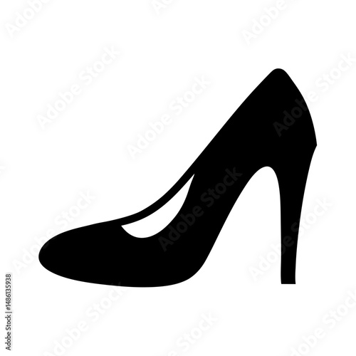 Elegant black high heel shoe with a slender heel on white background
