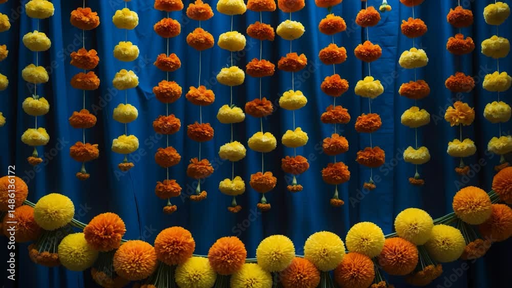 Traditional style marigold flower decorations showcased at a celebration.