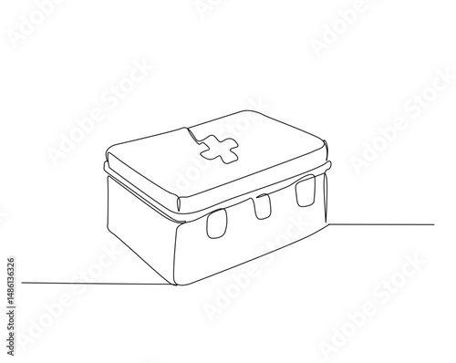 First aid kit box outline illustration. Continuous line drawing of medical box.