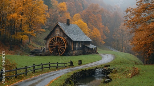 Blue Ridge Mountains Waterwheel Mill - Rural Landscape with Forested Paths and Verdant Meadows