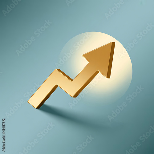 A solid gold upward arrow casting a soft shadow on a gradient blue background. symbolizing economic growth and success