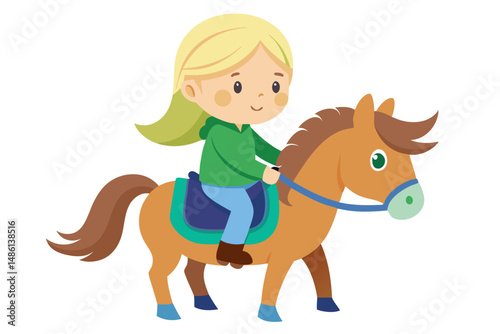 Blonde child smiles while playfully riding a small cartoon horse on a bright day