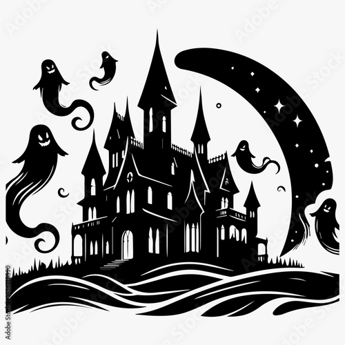 Dark vector silhouette of haunted castle with ghostly apparitions under full moon Halloween concept
