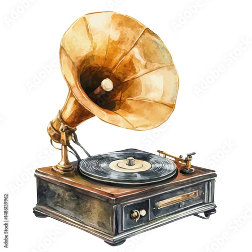 Vintage Gramophone With A Golden Horn, watercolor vector, high quality, isolated on a white background.