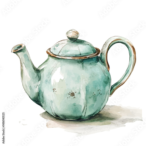 Vintage Ceramic Teapot On A Kitchen Counter, watercolor vector, high quality, isolated on a white background.