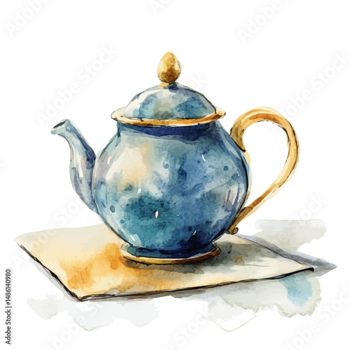 watercolor of Vintage Ceramic Teapot On A Kitchen Counter, vector high quality, isolated on a white background.