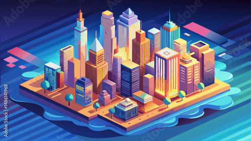 New York City Skyline
A dazzling skyline of glowing skyscrapers towers over shimmering waters, pulsing with urban energy and life .Isometric
