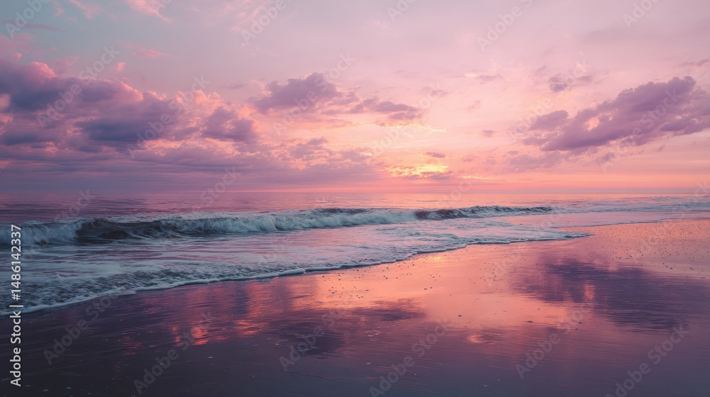 Fototapeta premium Serene Sunset Pink Hues Over Calm Ocean Waves