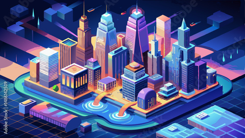 New York City Skyline
A dazzling skyline of glowing skyscrapers towers over shimmering waters, pulsing with urban energy and life .Isometric

