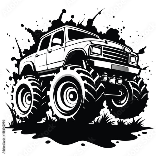 Bold Monochrome Monster Truck Clipart Oversized Wheels and Dynamic Splatter Elements