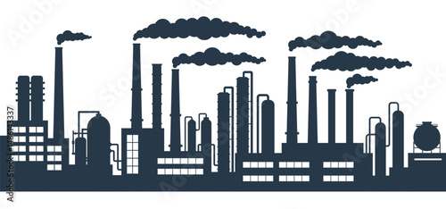 Industrial factories silhouette background. Oil refinery complex with pipes and tanks gas production rigs.